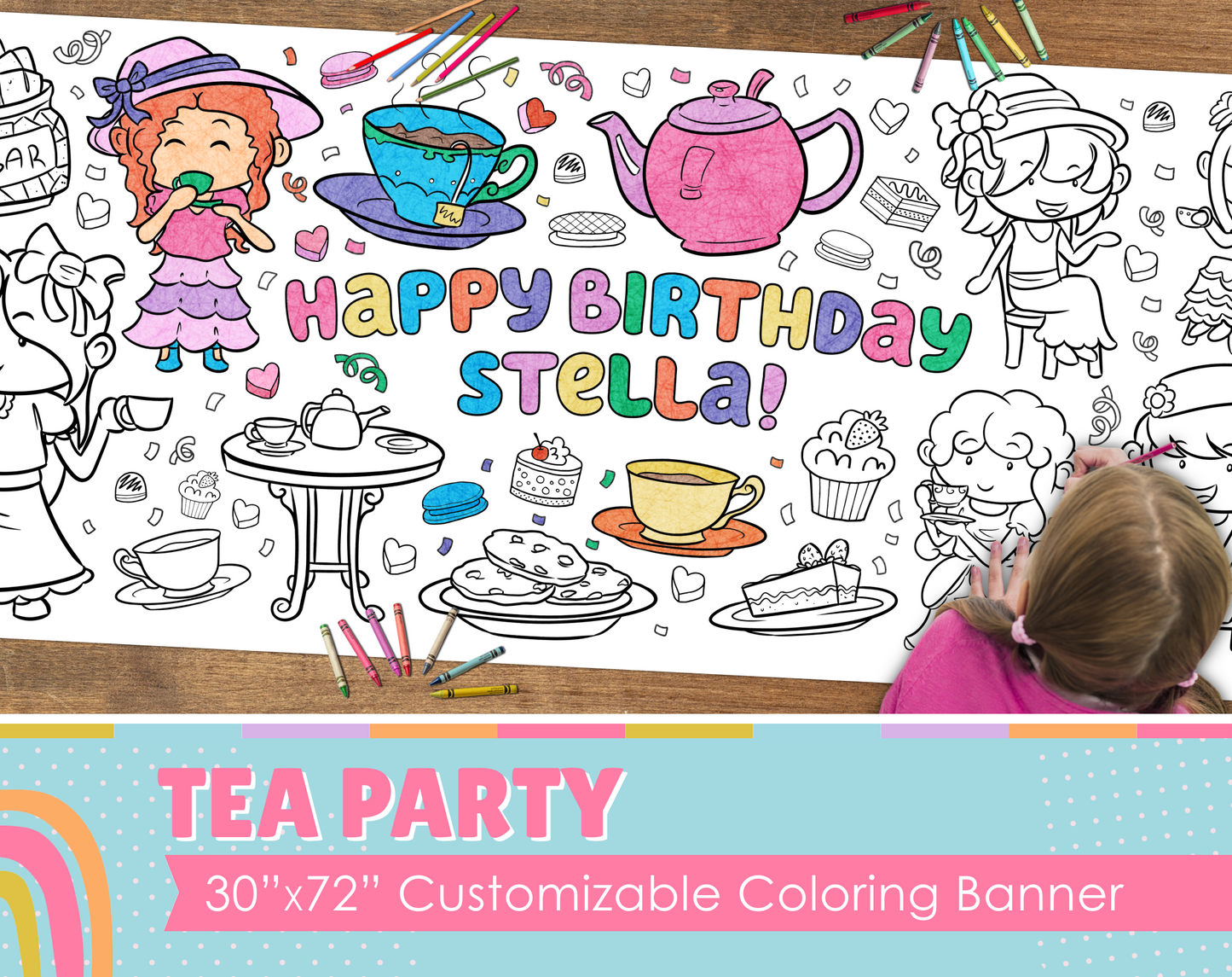Tea Party Characters Customizable Coloring Banner